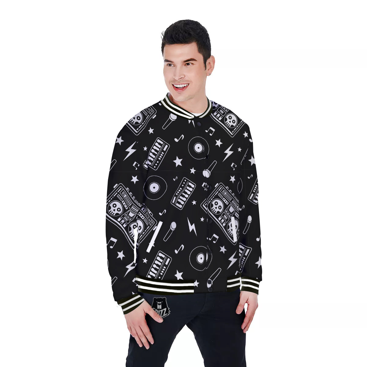 Black And White Boombox Print Pattern Baseball Jacket-grizzshop