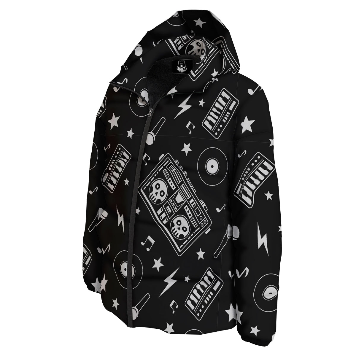 Black And White Boombox Print Pattern Down Jacket-grizzshop