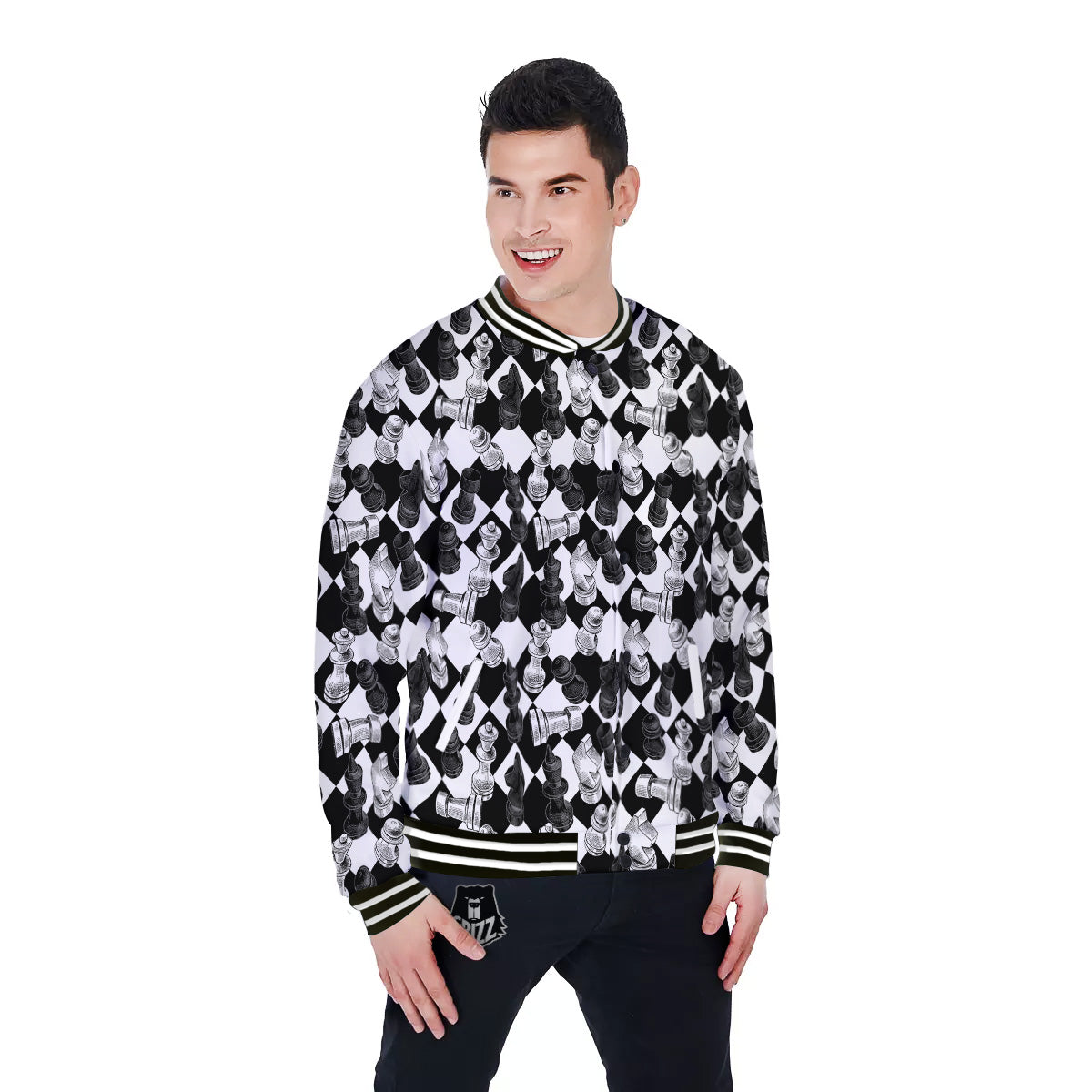Black And White Chessboard Print Pattern Baseball Jacket-grizzshop