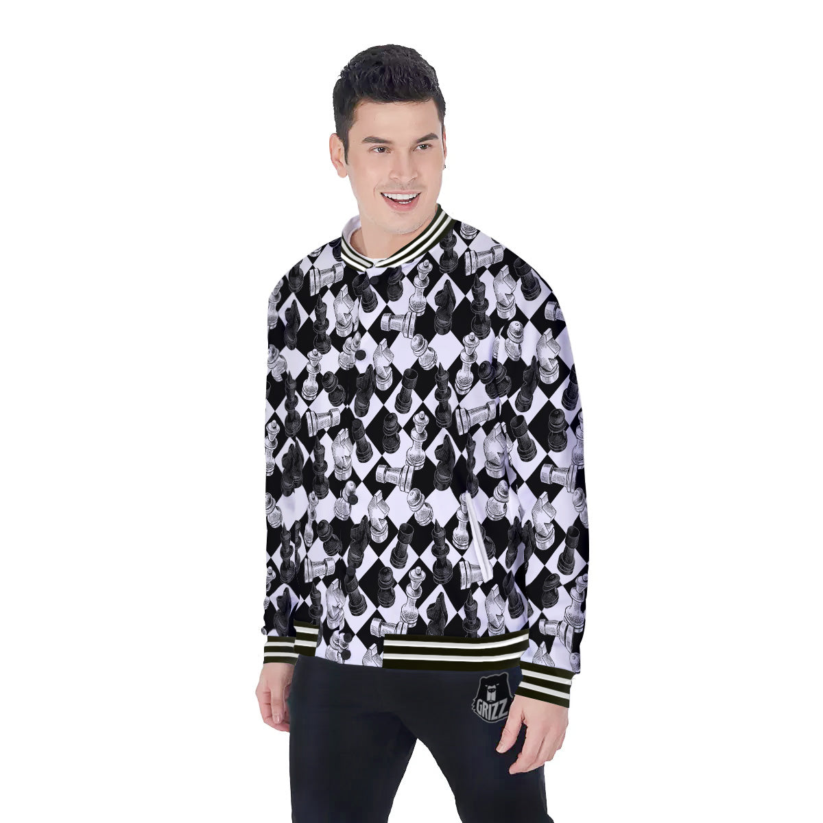 Black And White Chessboard Print Pattern Baseball Jacket-grizzshop