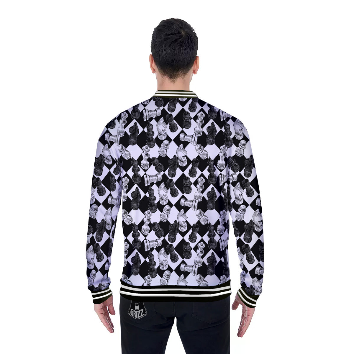Black And White Chessboard Print Pattern Baseball Jacket-grizzshop