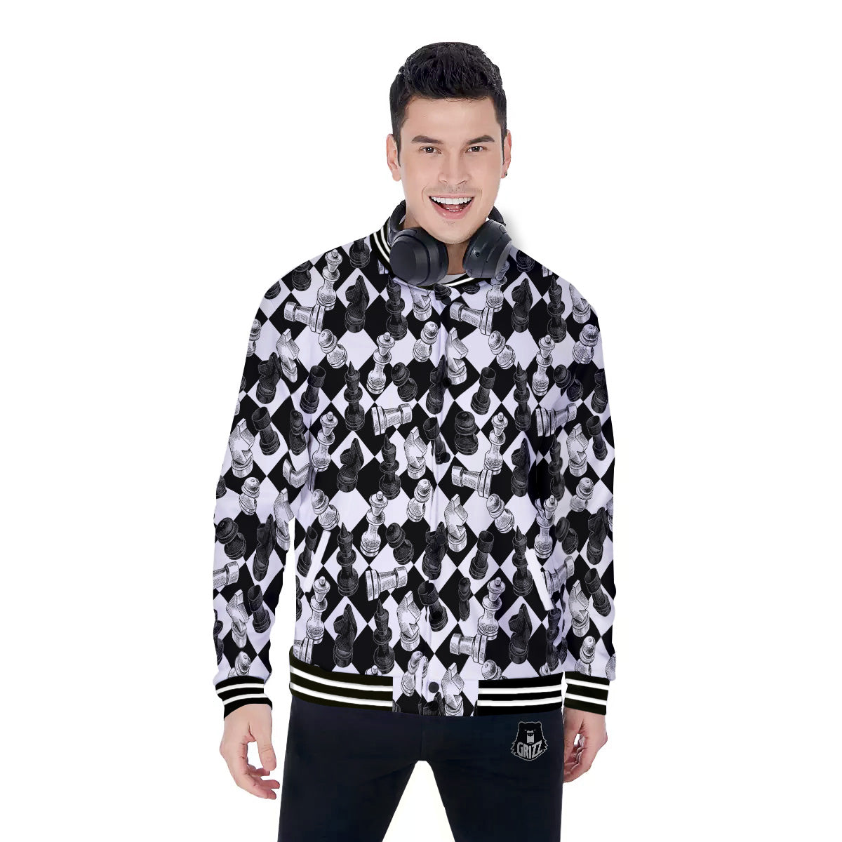 Black And White Chessboard Print Pattern Baseball Jacket-grizzshop