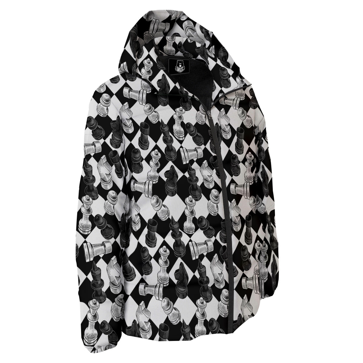 Black And White Chessboard Print Pattern Down Jacket-grizzshop