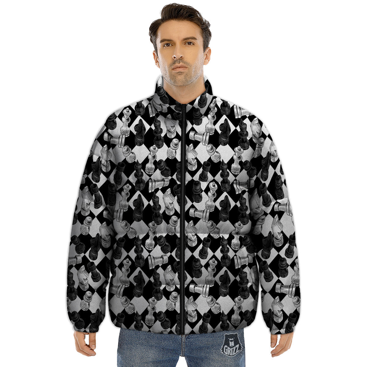 Black And White Chessboard Print Pattern Puffer Jacket-grizzshop