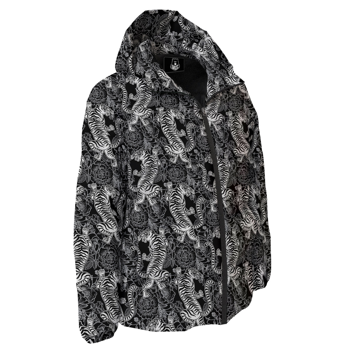Black And White Chinese Tiger Print Pattern Down Jacket-grizzshop