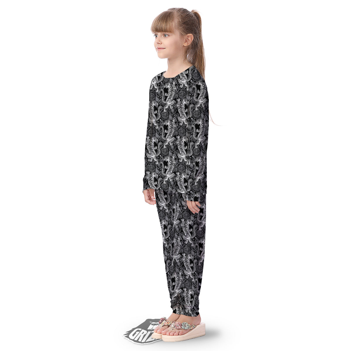 Black And White Chinese Tiger Print Pattern Kid's Pajamas-grizzshop