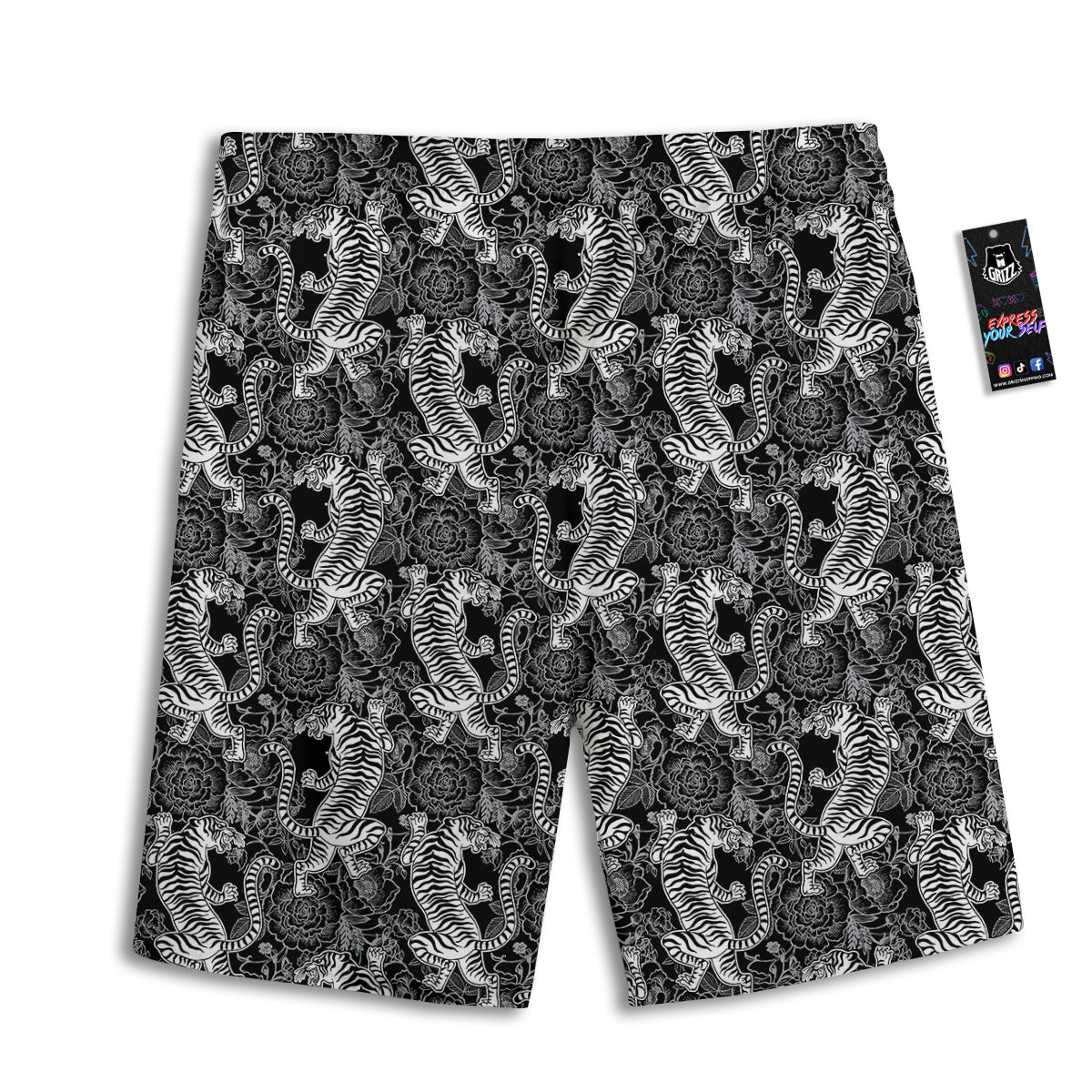 Black And White Chinese Tiger Print Pattern Men's Athletic Shorts