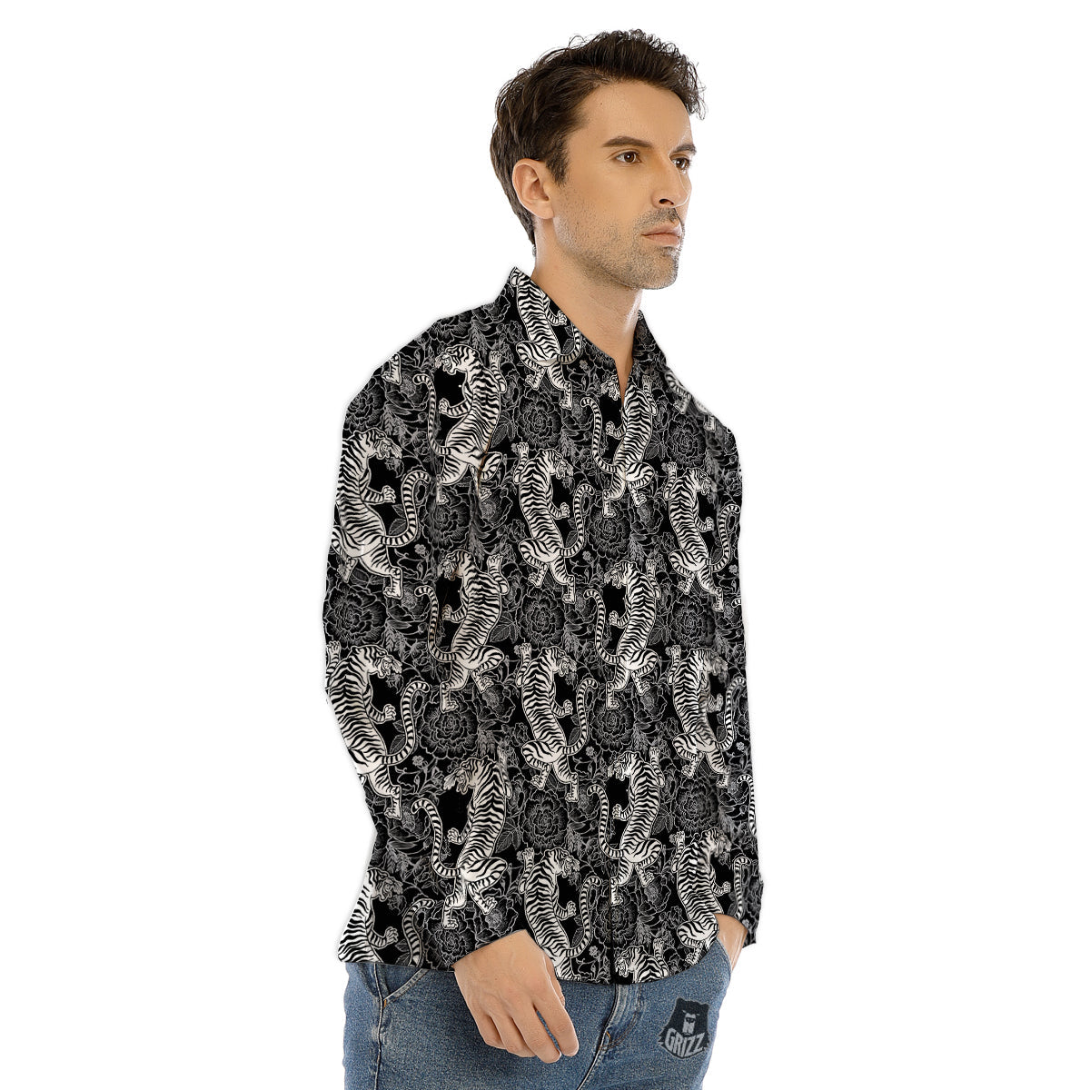 Black And White Chinese Tiger Print Pattern Men's Dress Shirts-grizzshop