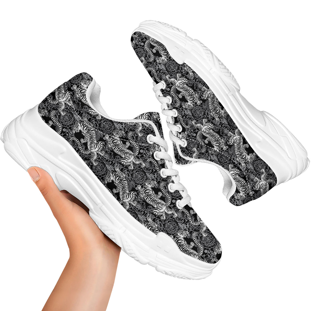 Black And White Chinese Tiger Print Pattern White Chunky Shoes-grizzshop