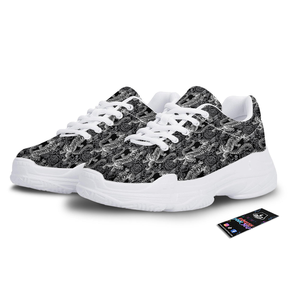 Black And White Chinese Tiger Print Pattern White Chunky Shoes-grizzshop