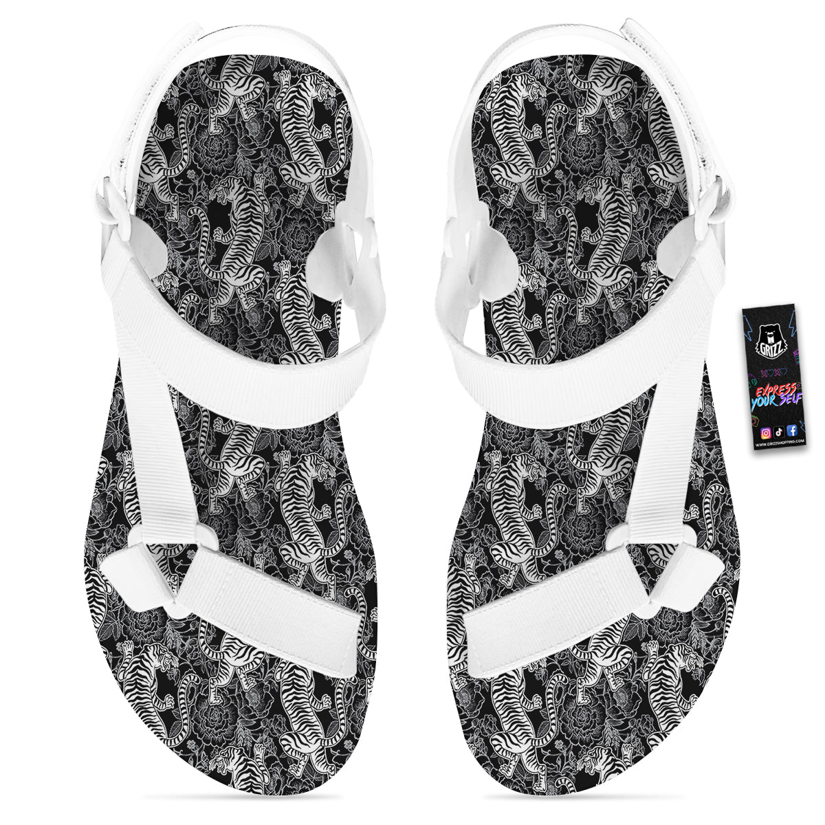 Black And White Chinese Tiger Print Pattern White Open Toe Sandals-grizzshop