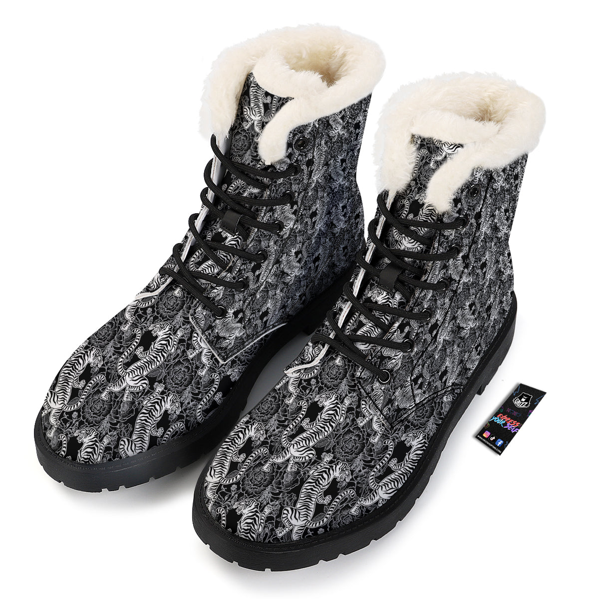 Black And White Chinese Tiger Print Pattern Winter Boots-grizzshop