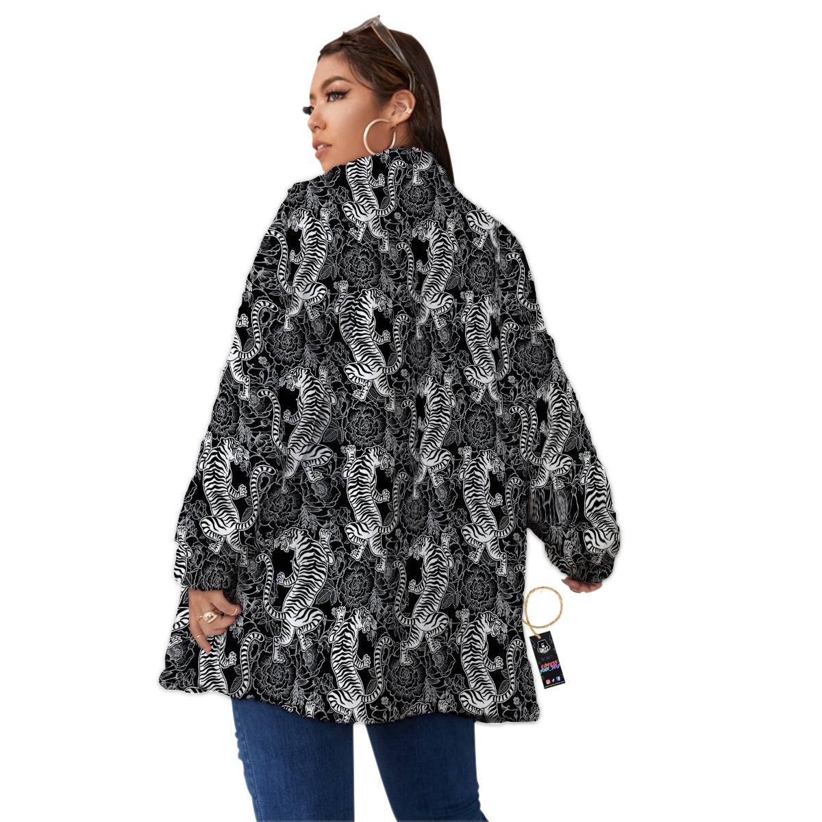 Black And White Chinese Tiger Print Pattern Women's Sherpa Jacket-grizzshop