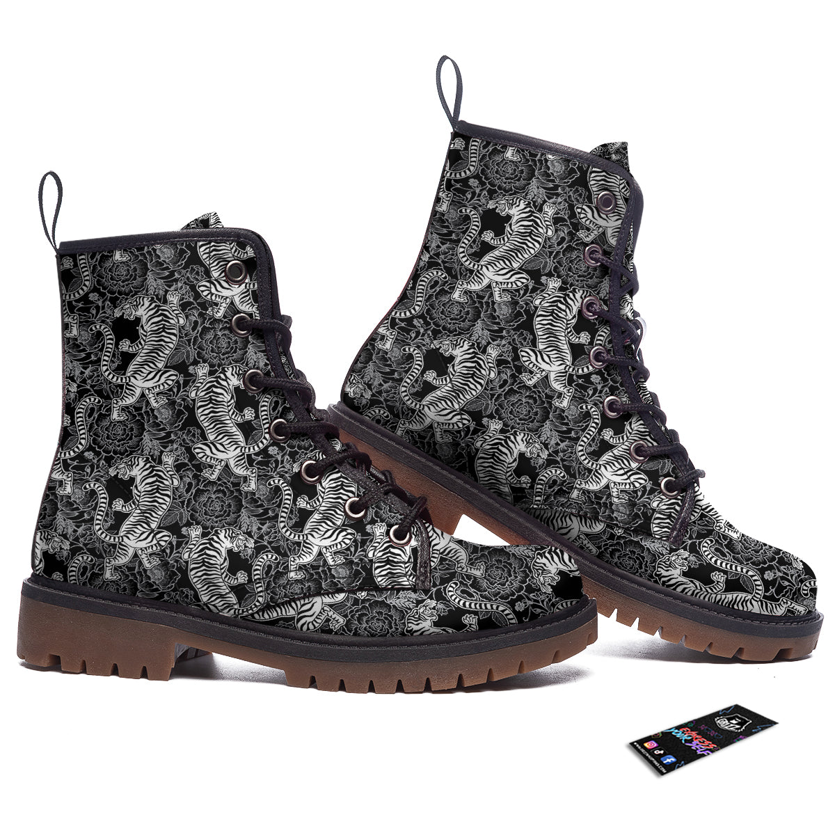 Black And White Chinese Tiger Print Pattern Work Boots-grizzshop