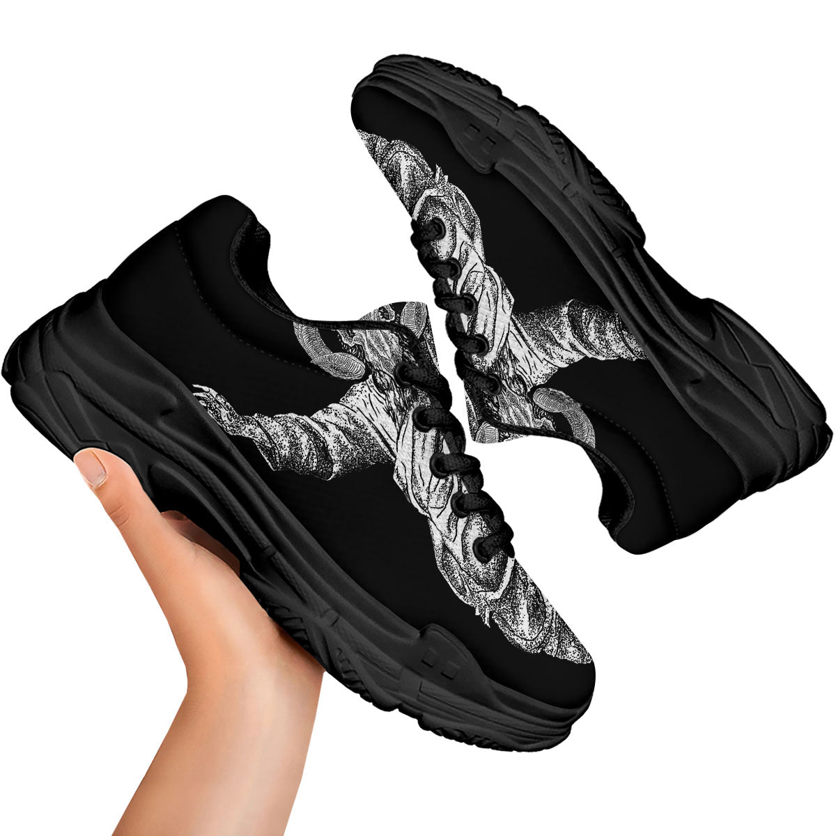 Black And White Demon Goat Print Black Chunky Shoes-grizzshop