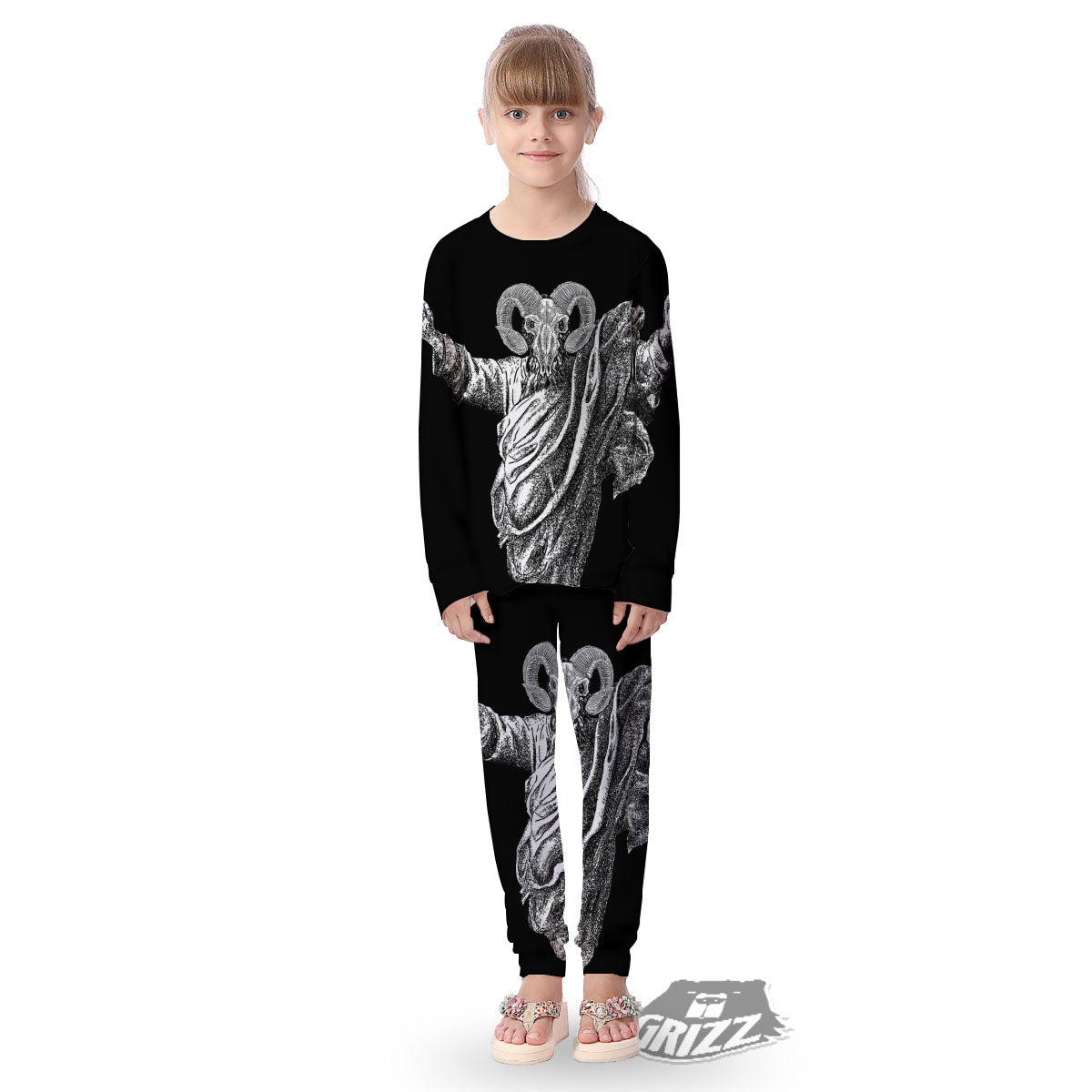 Black And White Demon Goat Print Kid's Pajamas-grizzshop