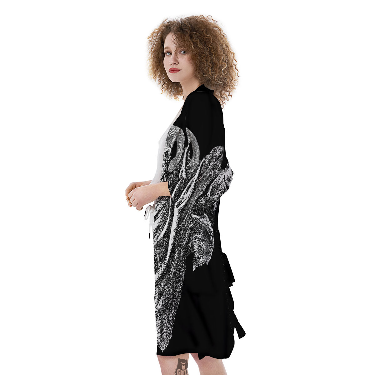 Black And White Demon Goat Print Kimono-grizzshop