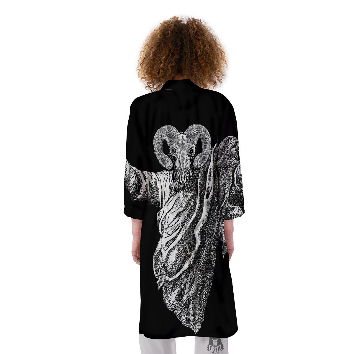 Black And White Demon Goat Print Kimono-grizzshop