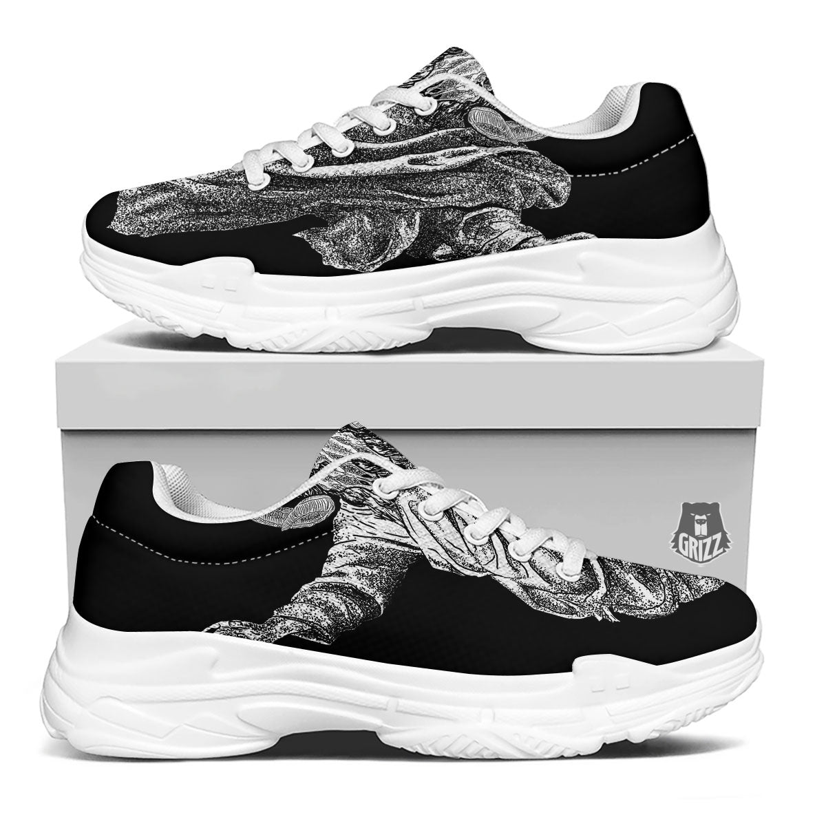 Black And White Demon Goat Print White Chunky Shoes-grizzshop