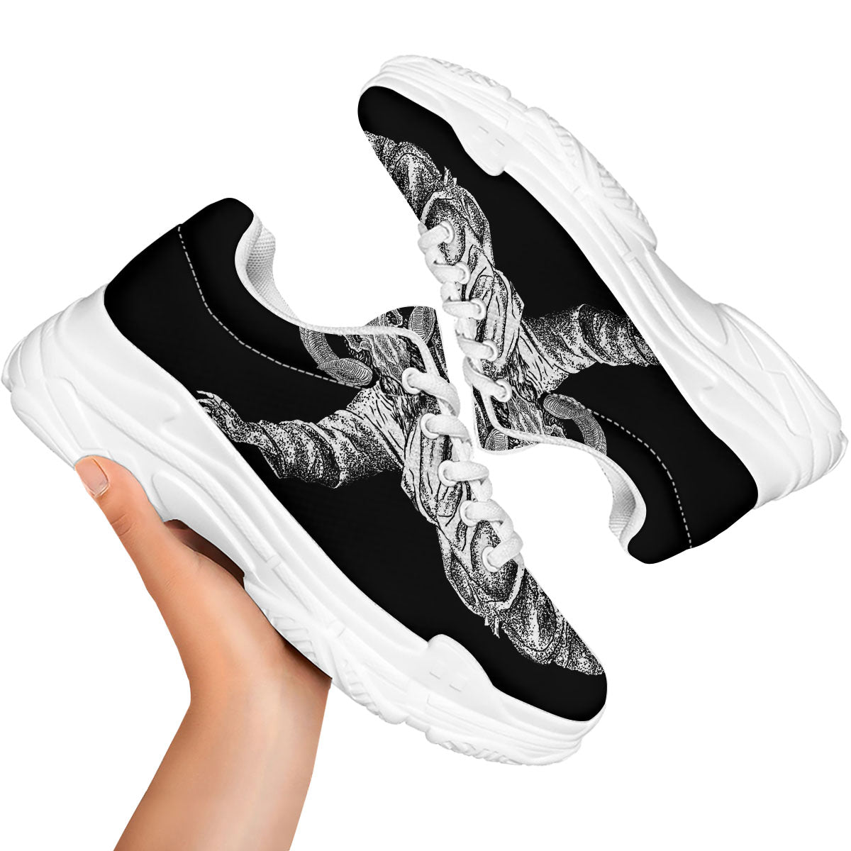 Black And White Demon Goat Print White Chunky Shoes-grizzshop