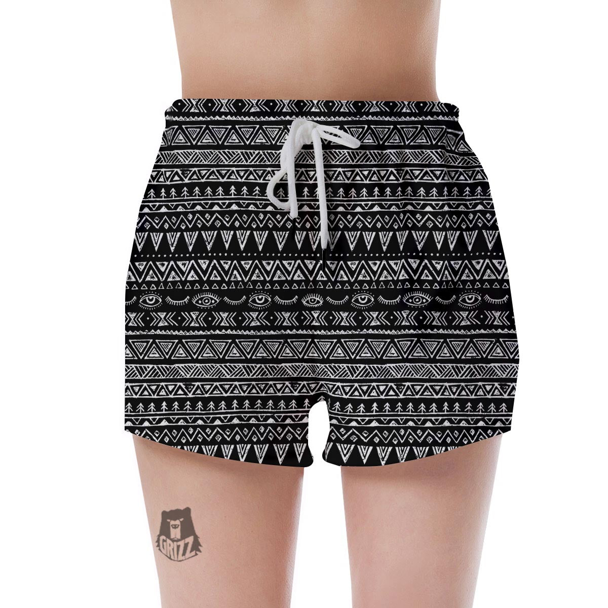 Black And White Doodle Tribal Aztec Print Women's Shorts-grizzshop