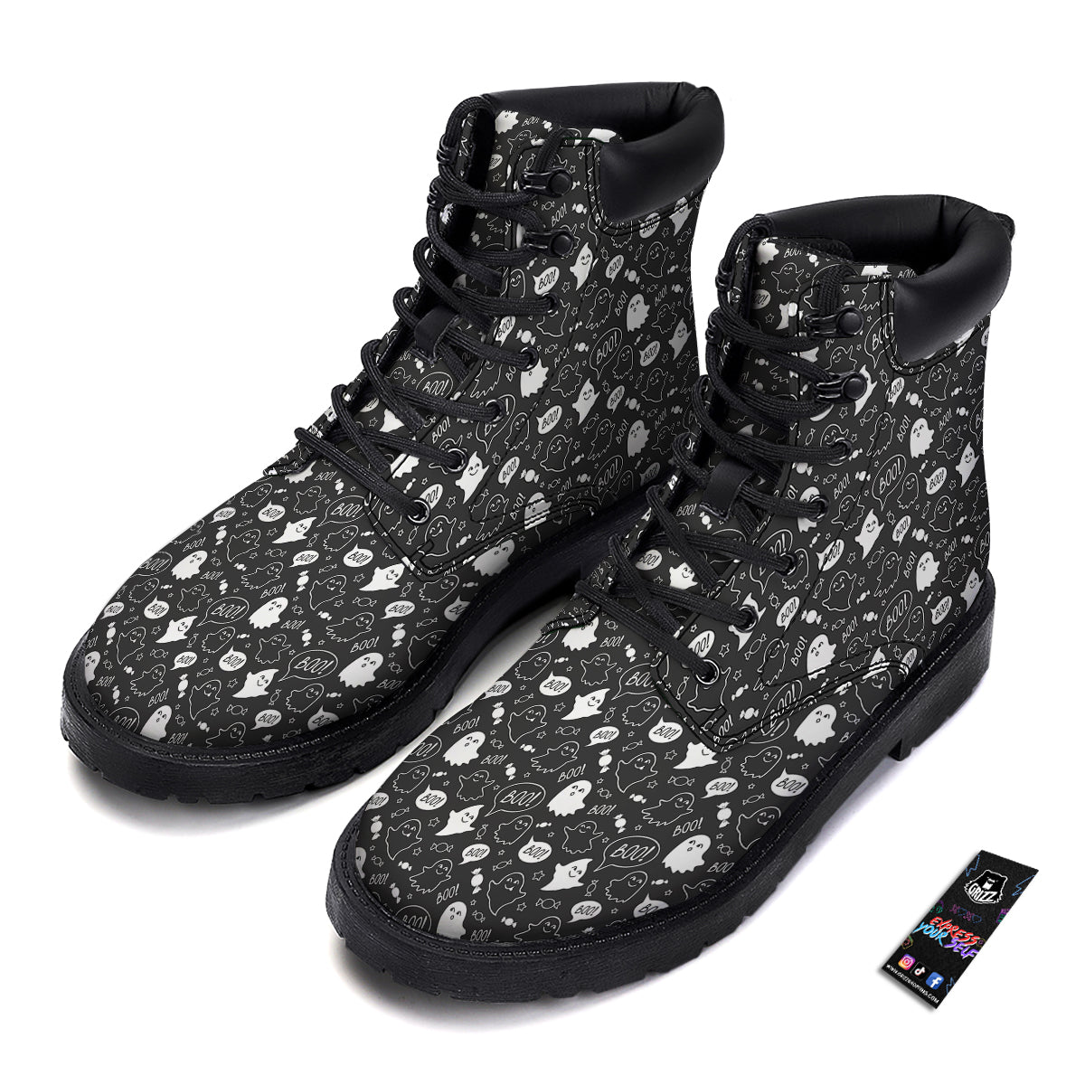 Black And White Ghost Boo Print Pattern Boots-grizzshop