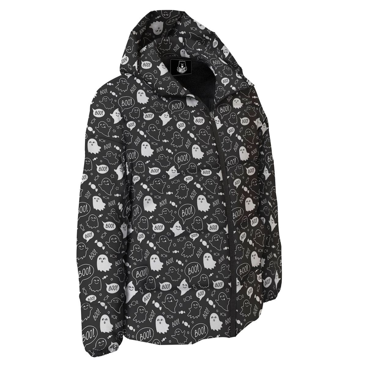 Black And White Ghost Boo Print Pattern Down Jacket-grizzshop