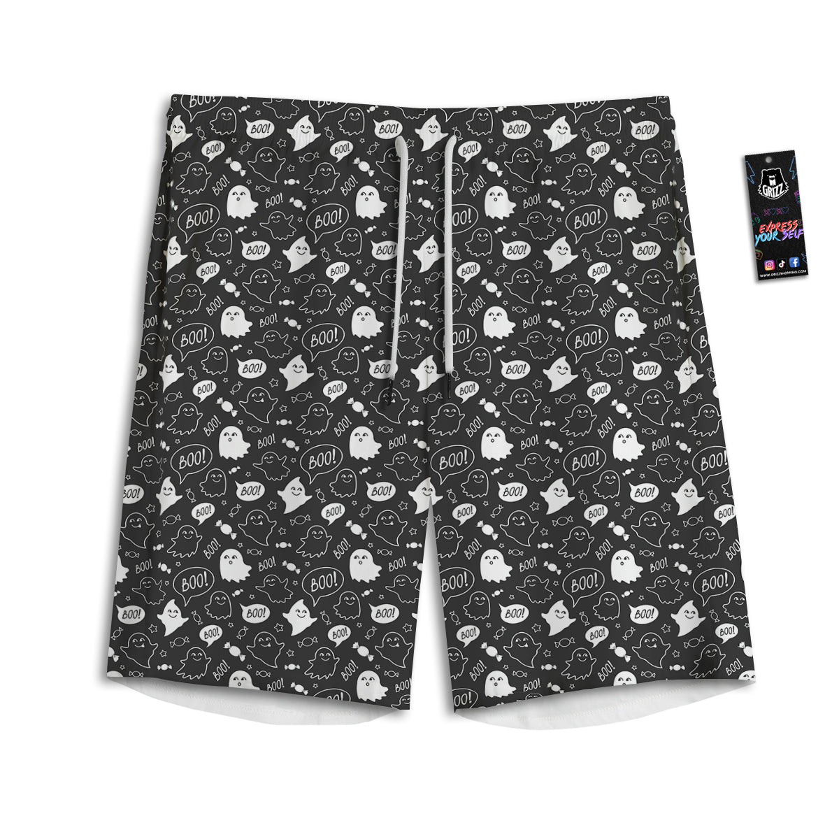 Black And White Ghost Boo Print Pattern Men's Athletic Shorts
