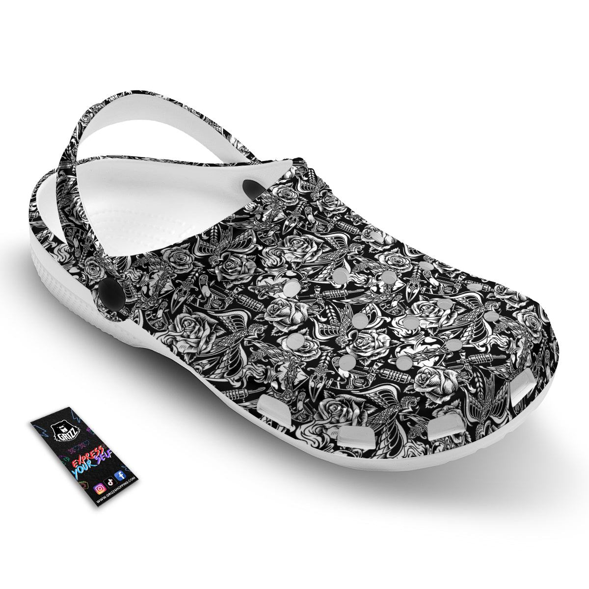 Black And White Oldschool Tattoo Print Pattern Clog-grizzshop