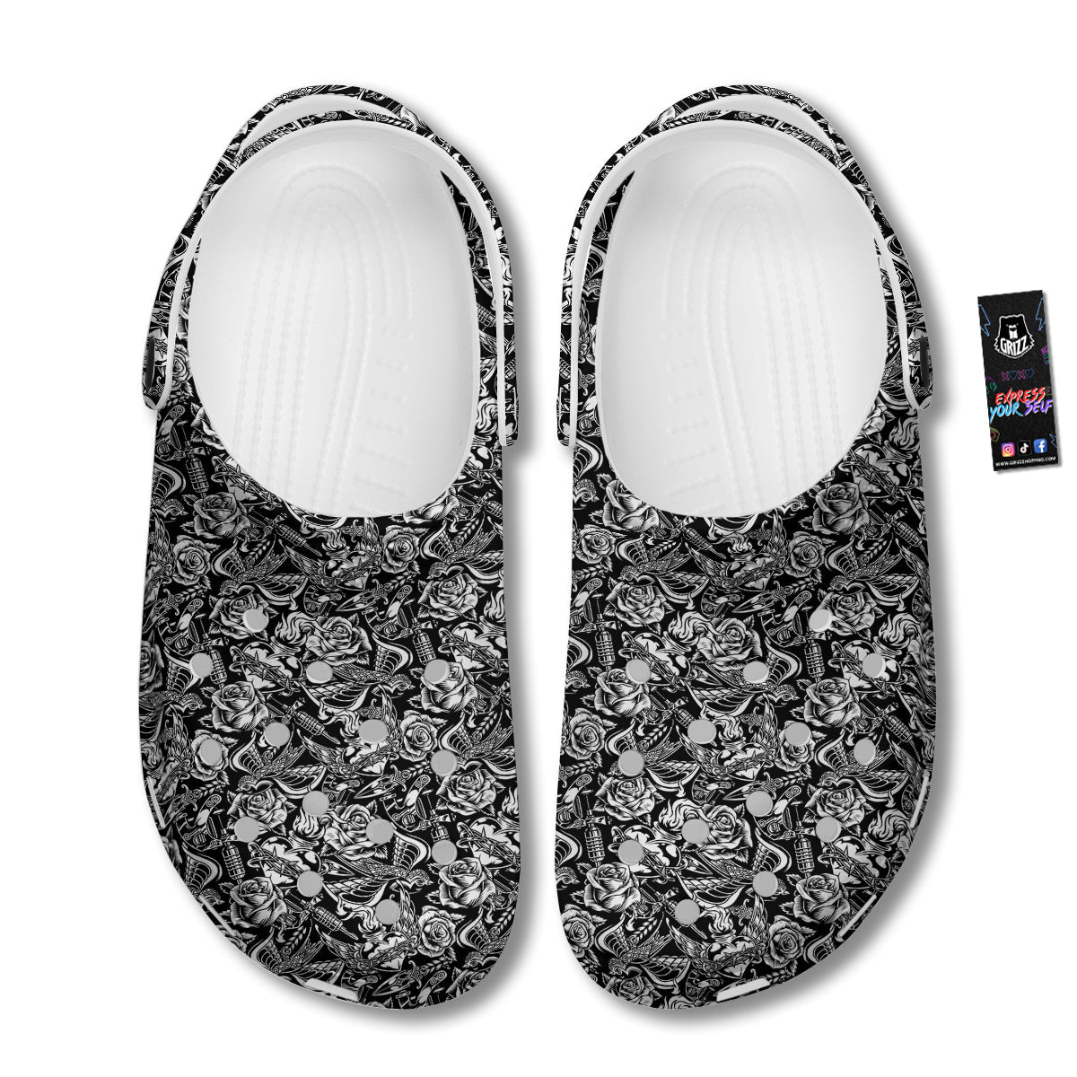 Black And White Oldschool Tattoo Print Pattern Clog-grizzshop