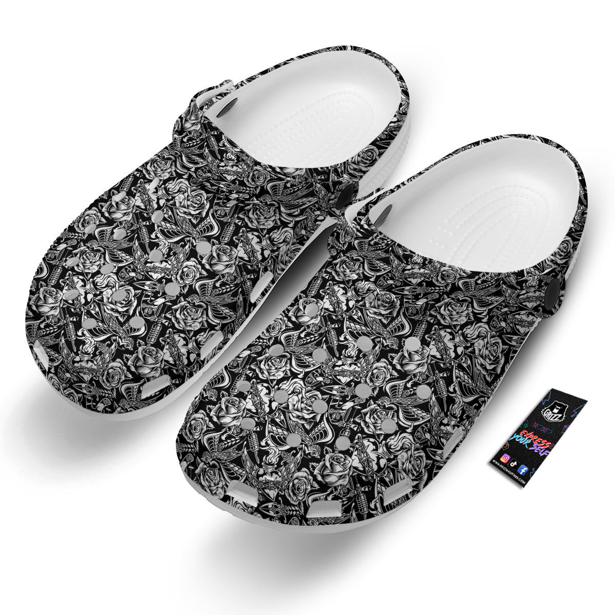 Black And White Oldschool Tattoo Print Pattern Clog-grizzshop