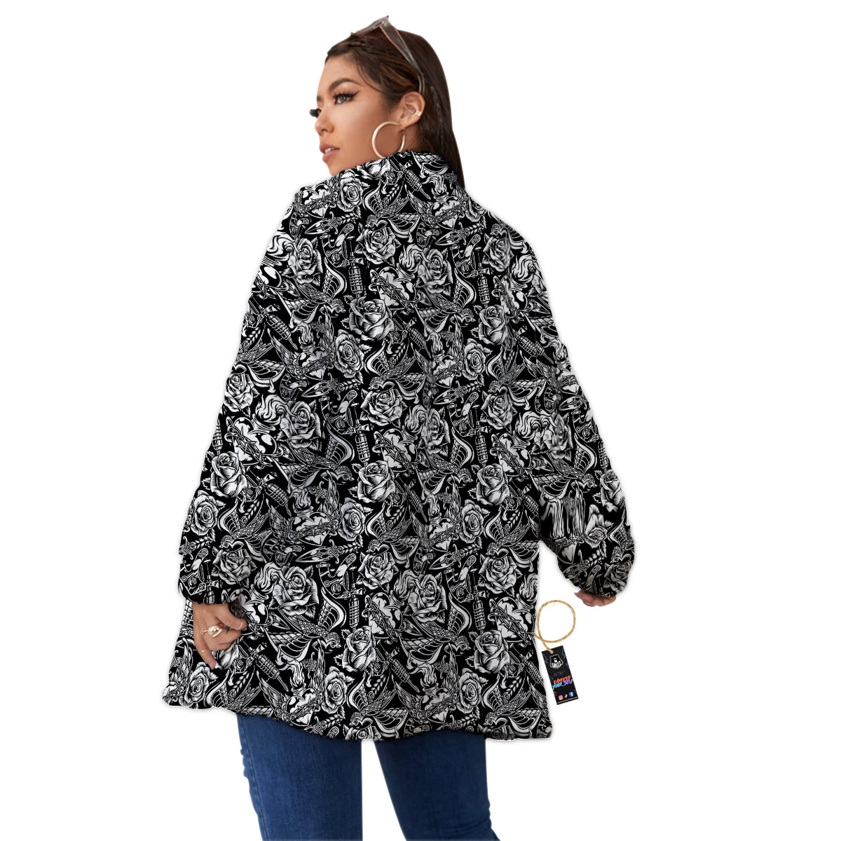 Black And White Oldschool Tattoo Print Pattern Women's Sherpa Jacket-grizzshop