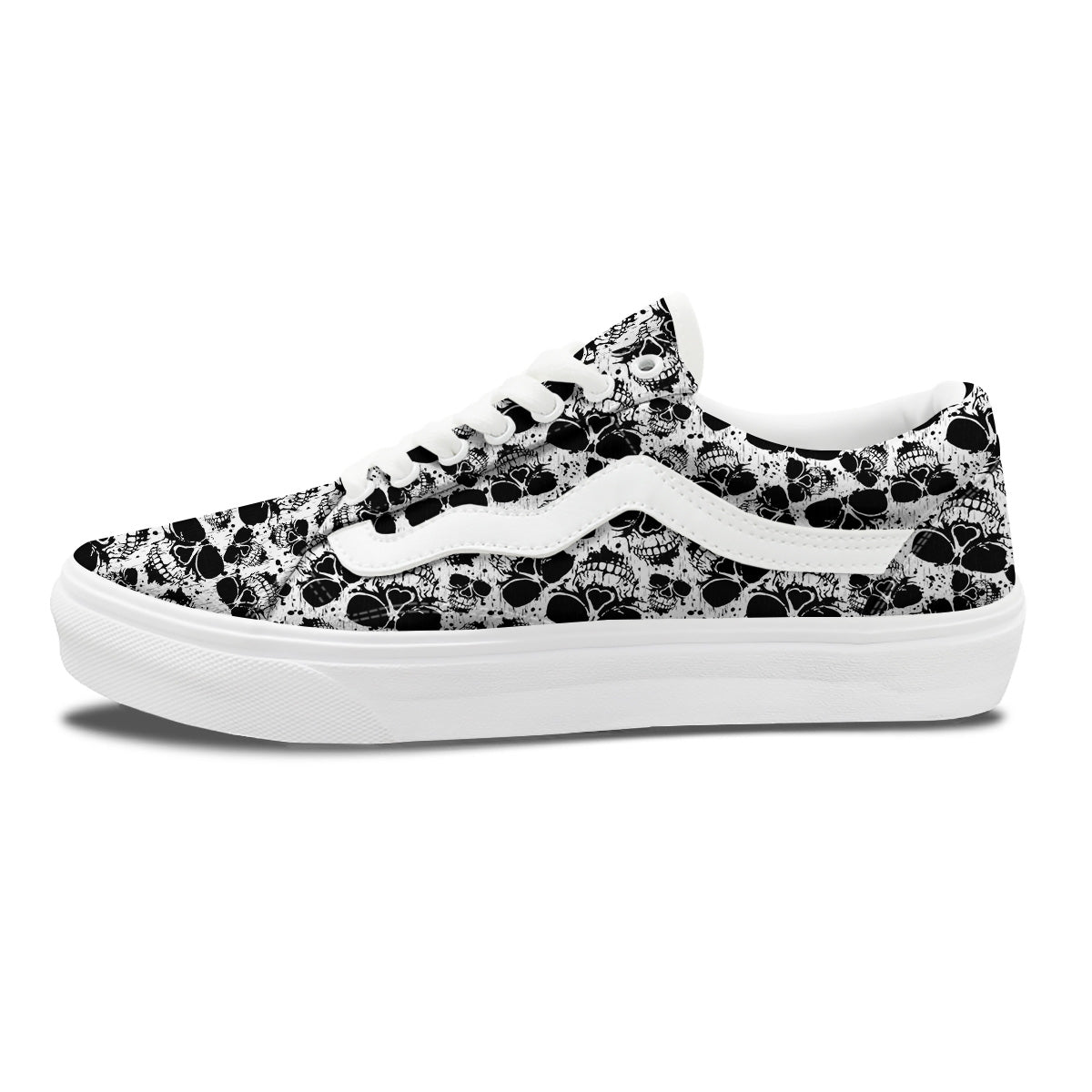 Black And White Skull Grunge Print Pattern Skate Shoes-grizzshop