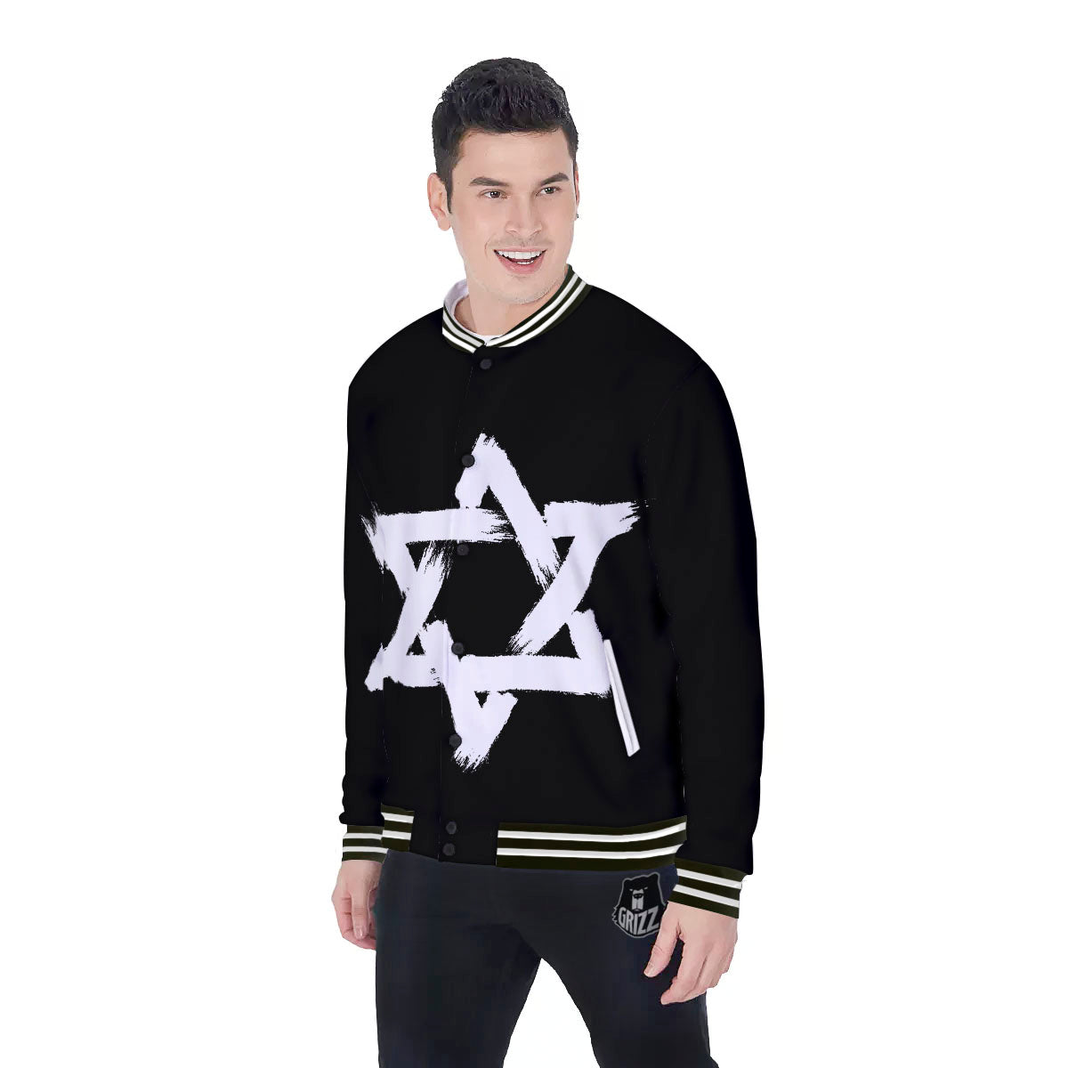 Black And White Star of David Print Baseball Jacket-grizzshop
