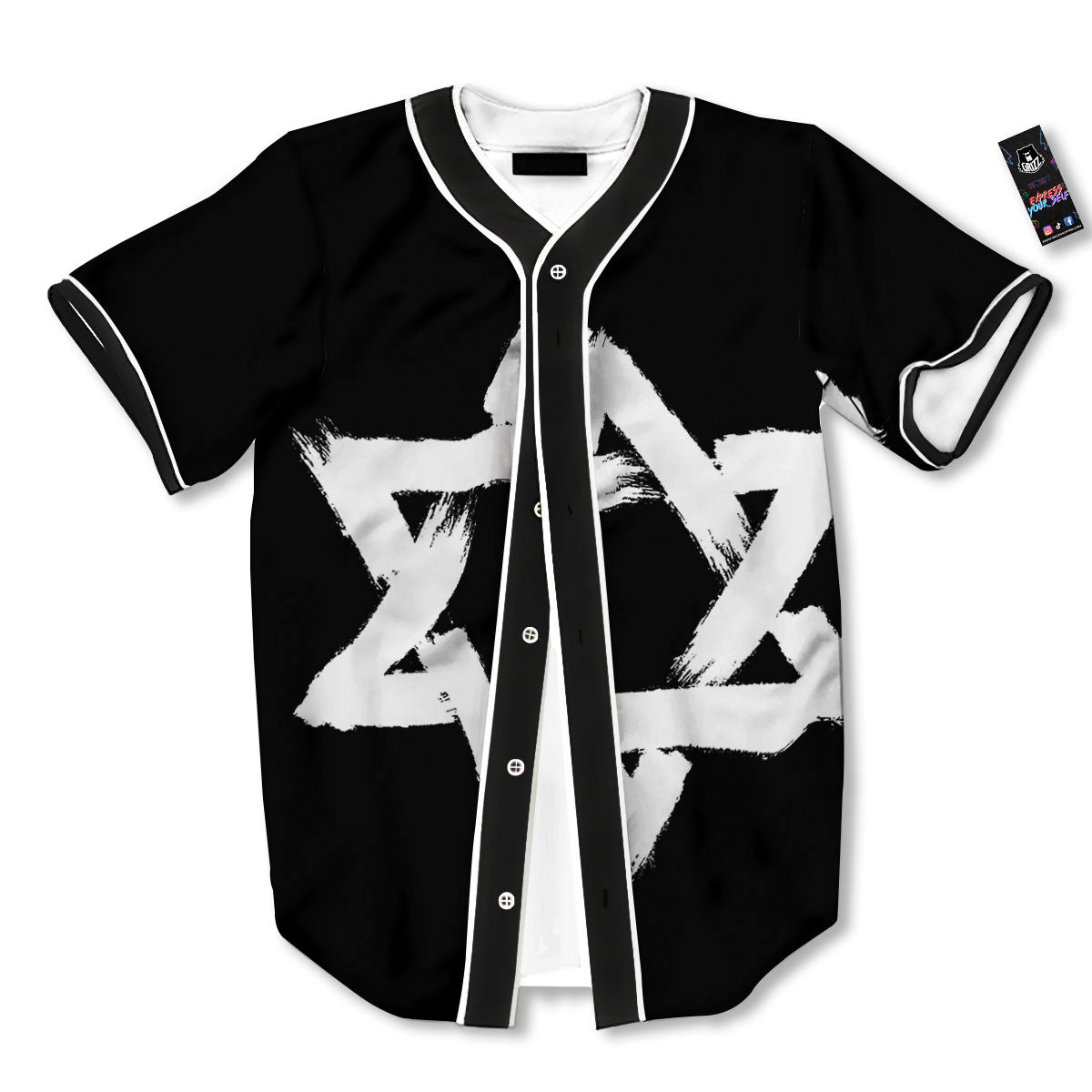 Black And White Star of David Print Baseball Jersey-grizzshop