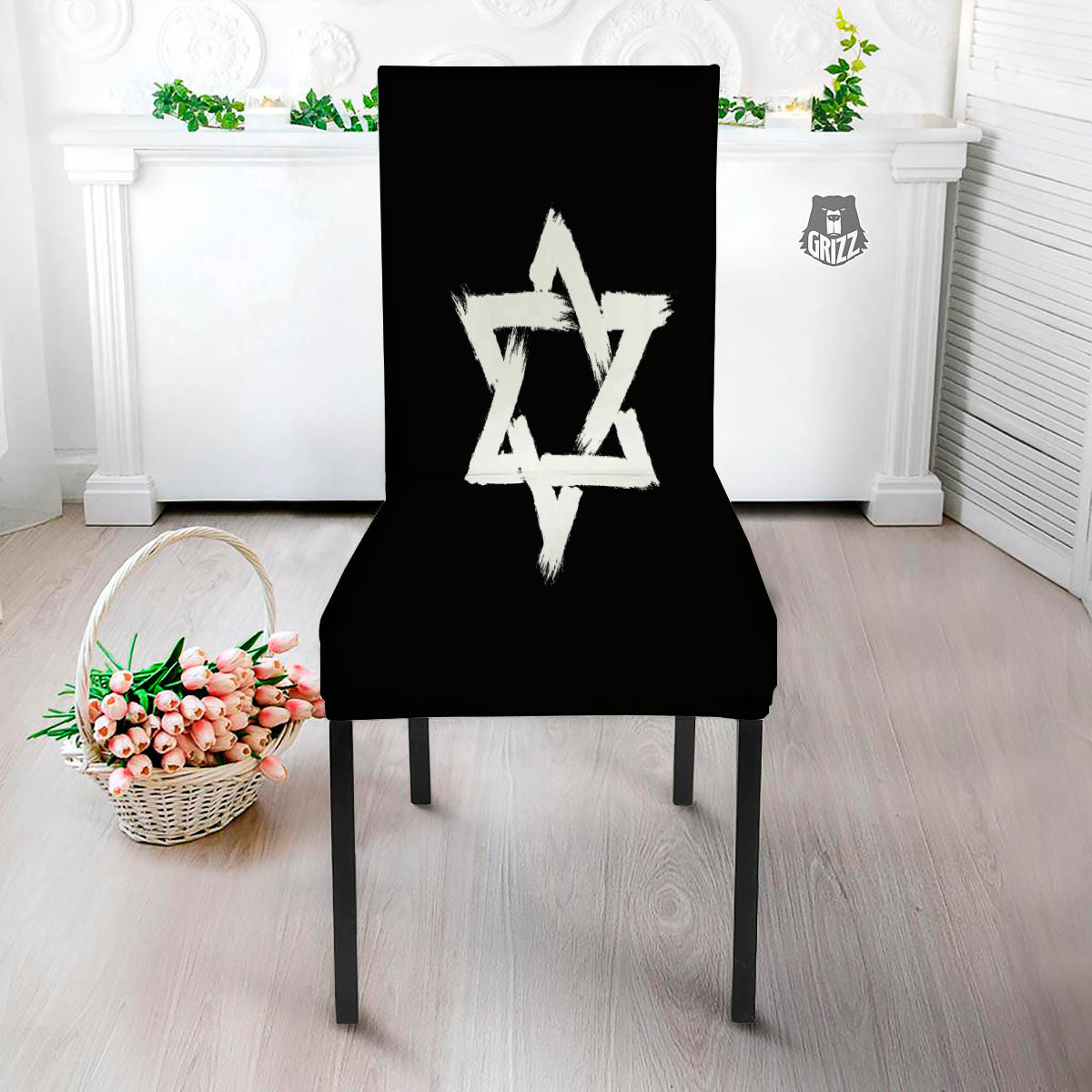 Black And White Star of David Print Dining Chair Slipcover-grizzshop