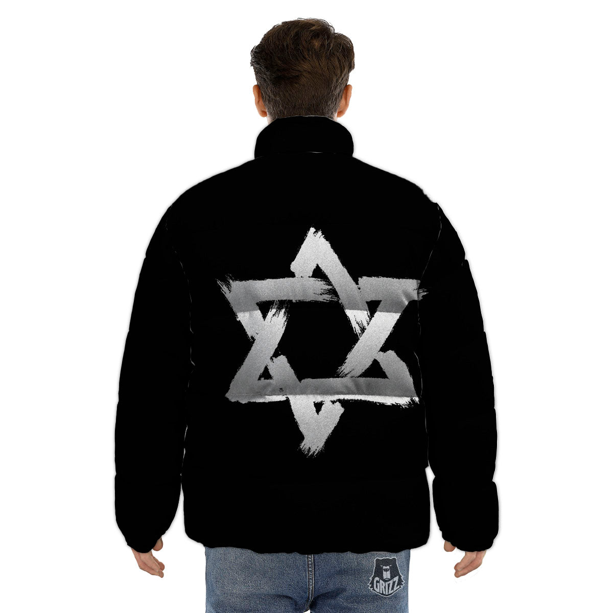 Black And White Star of David Print Puffer Jacket-grizzshop