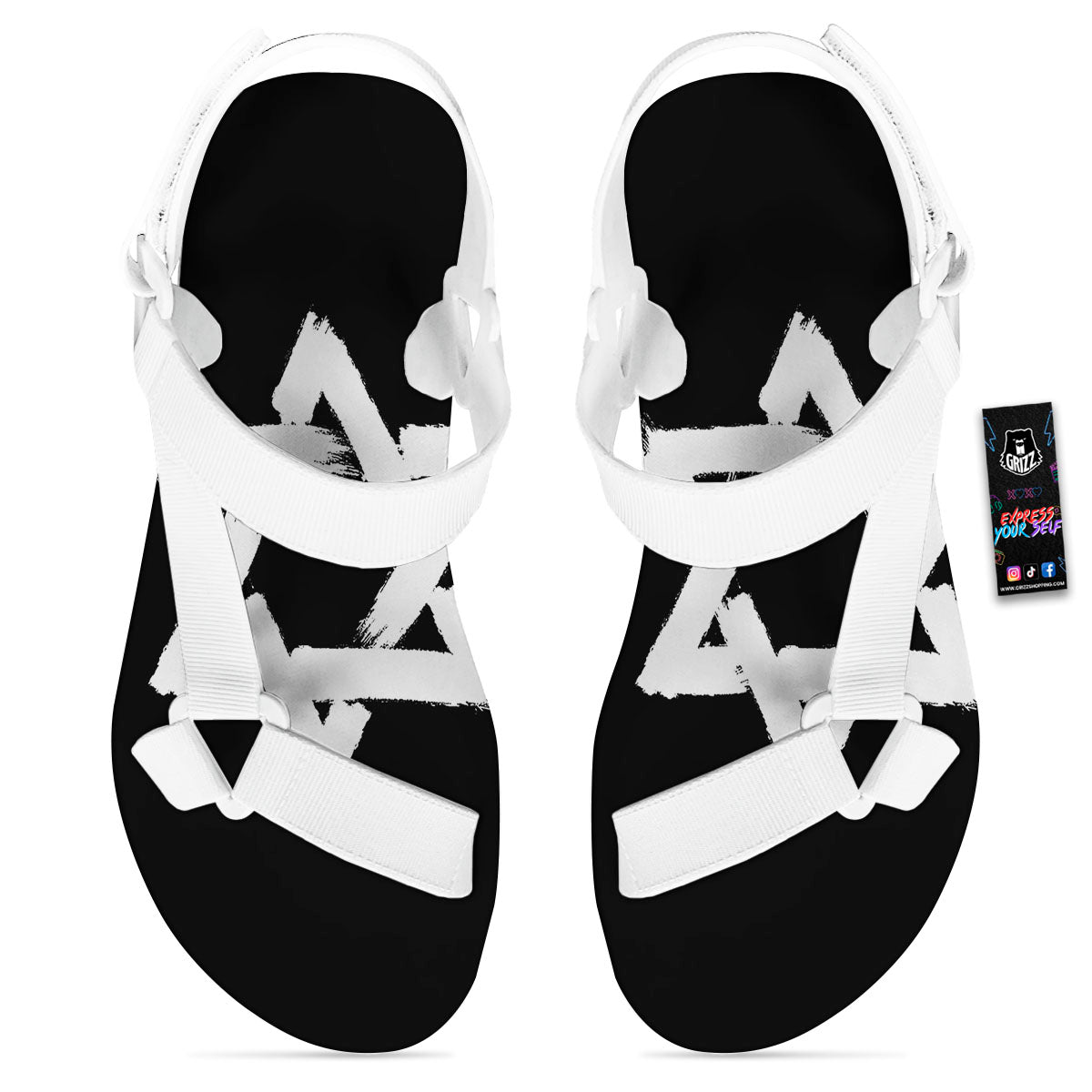 Black And White Star of David Print White Open Toe Sandals-grizzshop