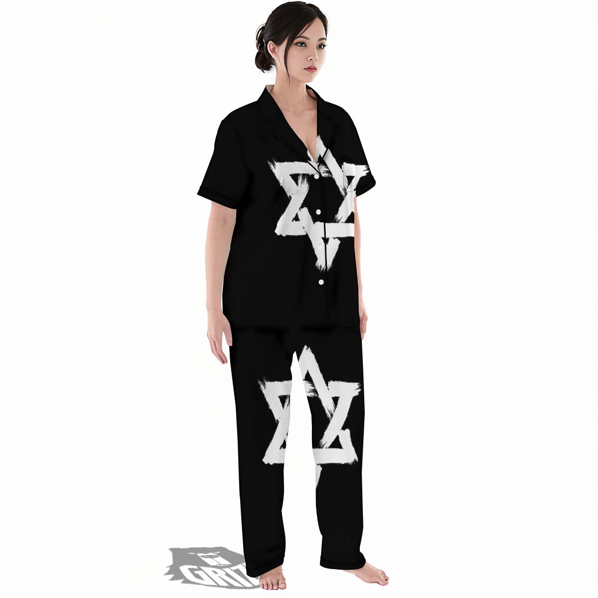 Black And White Star of David Print Women's Pajamas Set-grizzshop