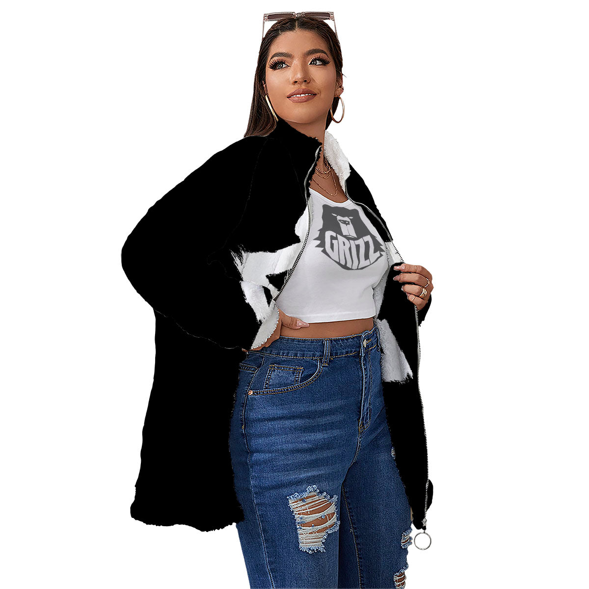 Black And White Star of David Print Women's Sherpa Jacket-grizzshop