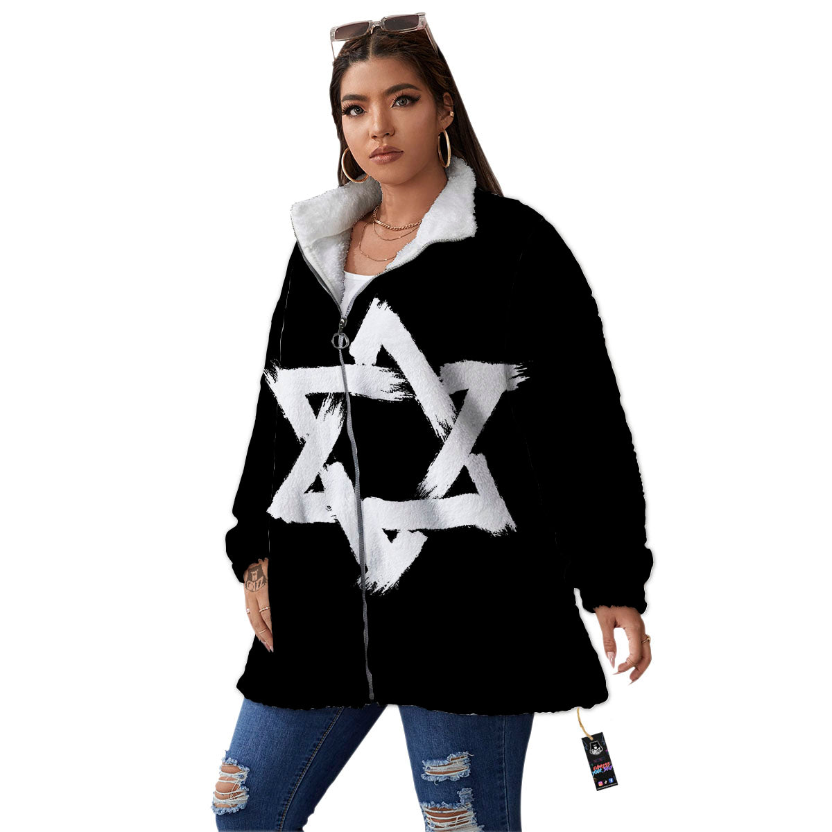 Black And White Star of David Print Women's Sherpa Jacket-grizzshop