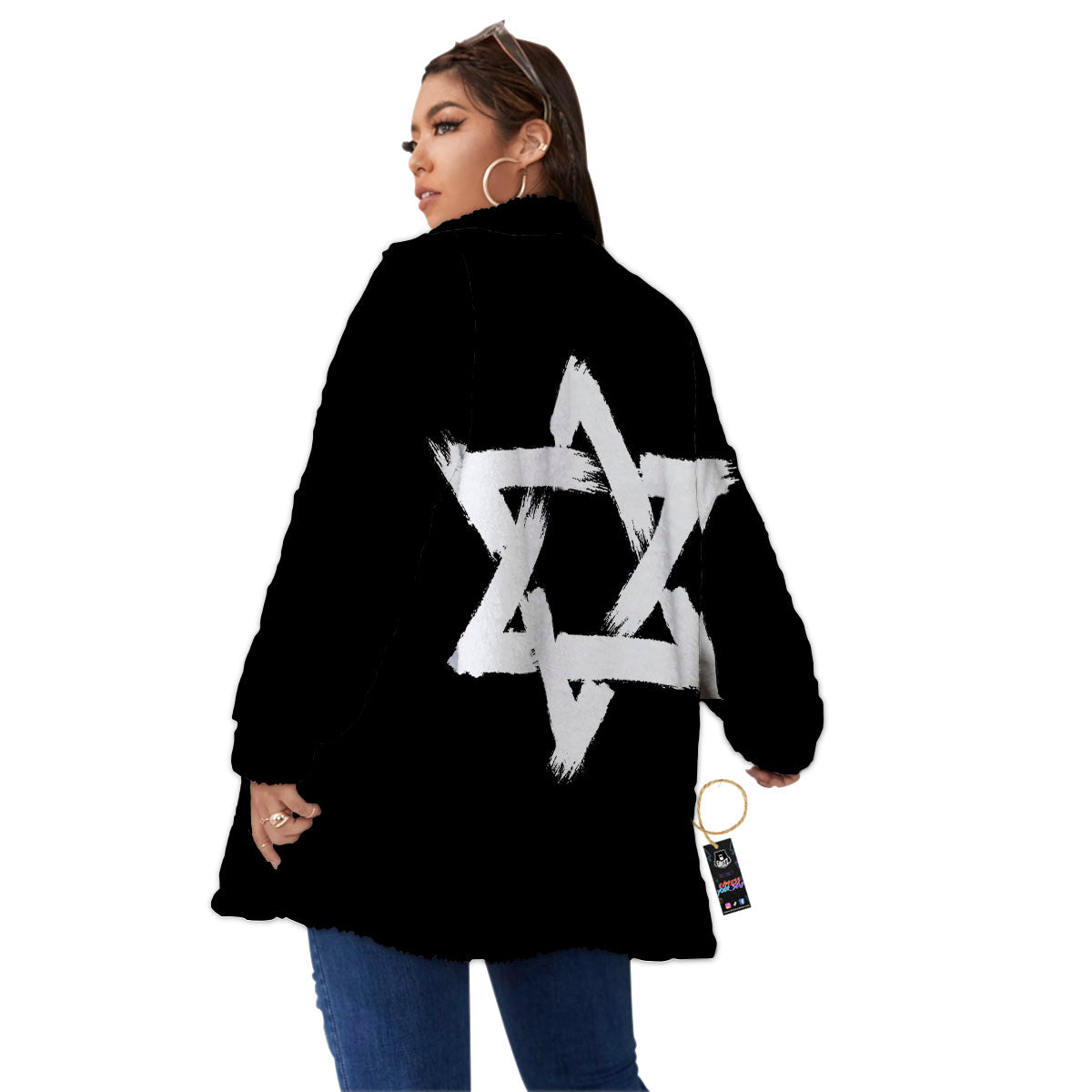 Black And White Star of David Print Women's Sherpa Jacket-grizzshop