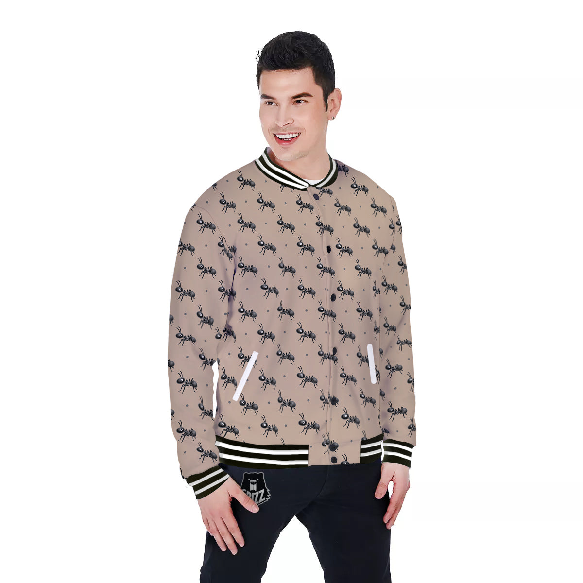 Black Ant Print Pattern Baseball Jacket-grizzshop