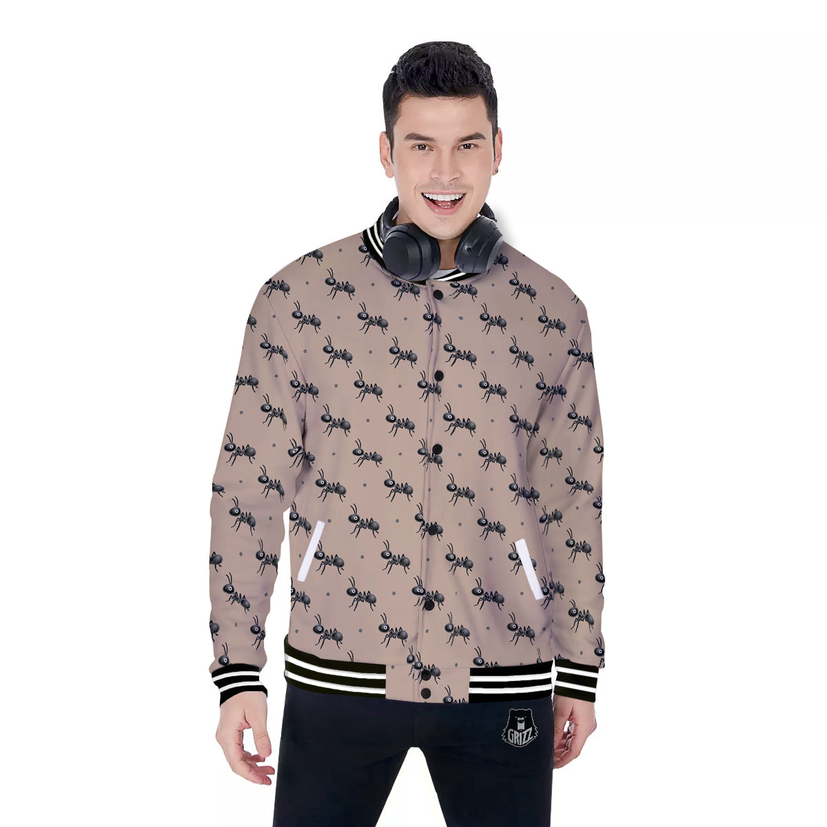 Black Ant Print Pattern Baseball Jacket-grizzshop