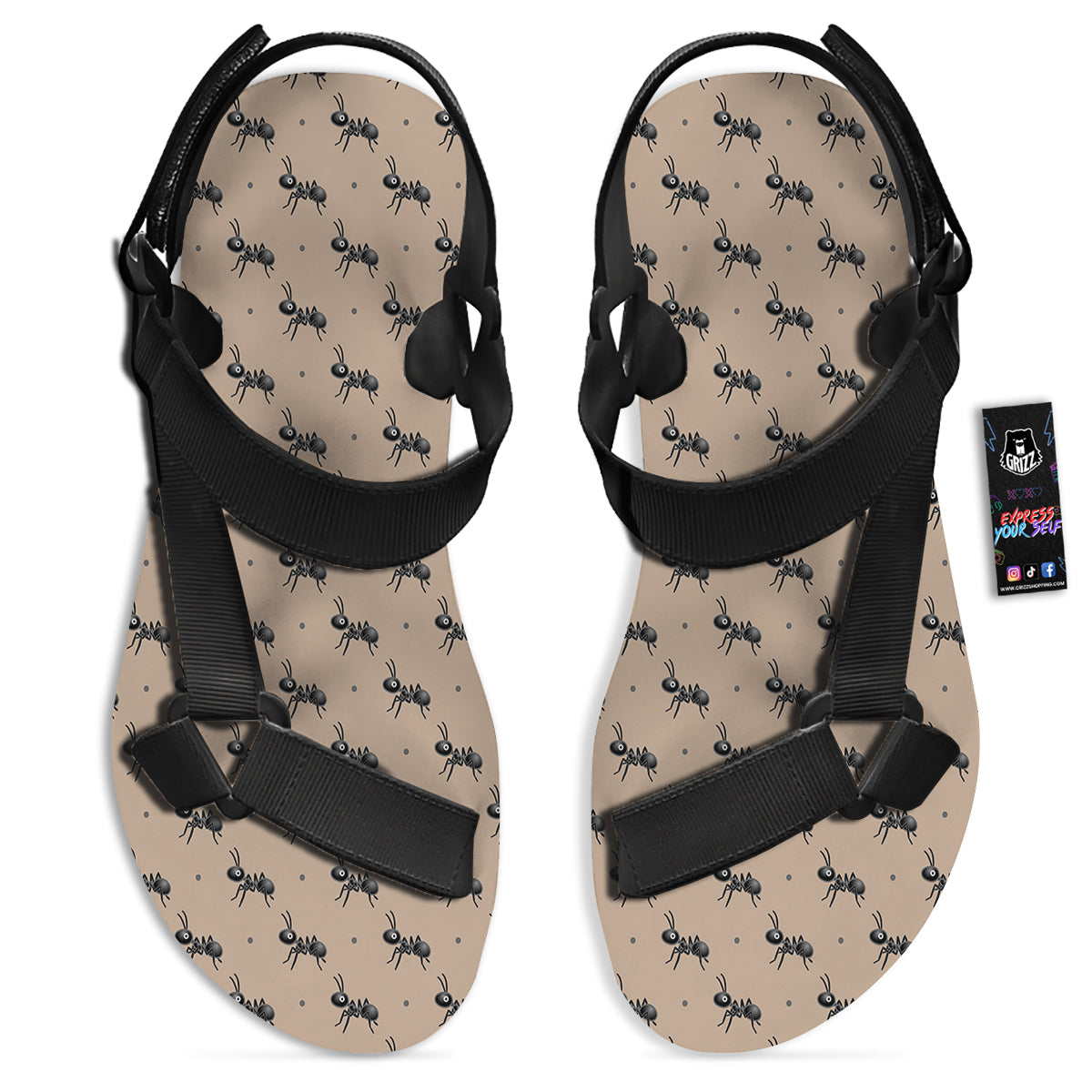 Black Ant Print Pattern Black Open Toe Sandals-grizzshop
