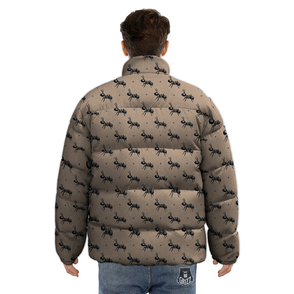Black Ant Print Pattern Puffer Jacket-grizzshop