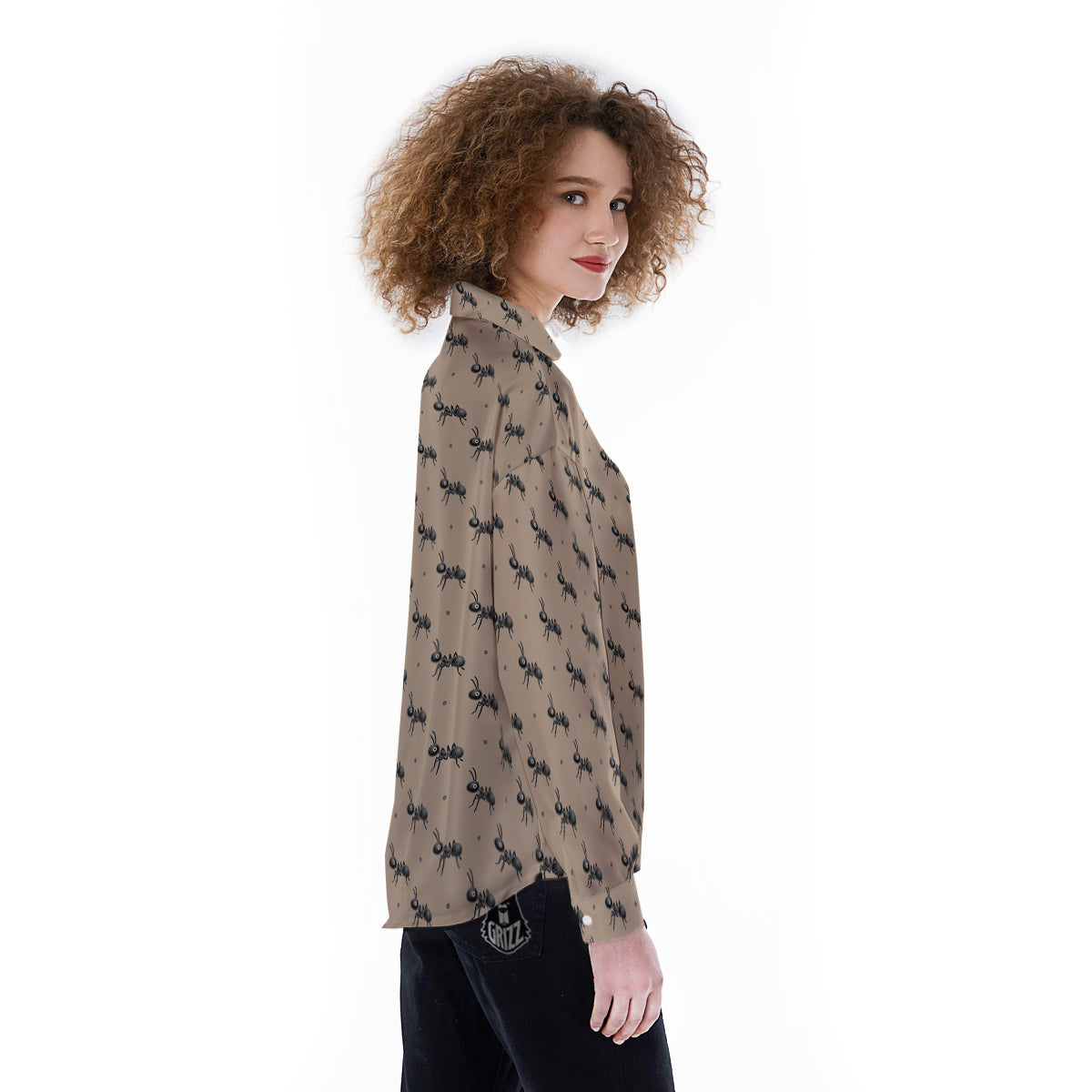 Black Ant Print Pattern Women's Long Sleeve Shirts-grizzshop