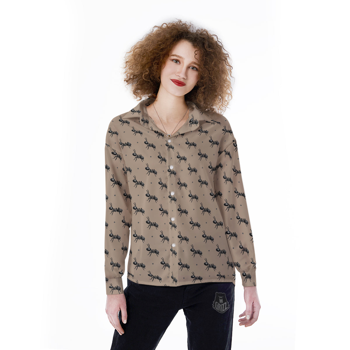 Black Ant Print Pattern Women's Long Sleeve Shirts-grizzshop