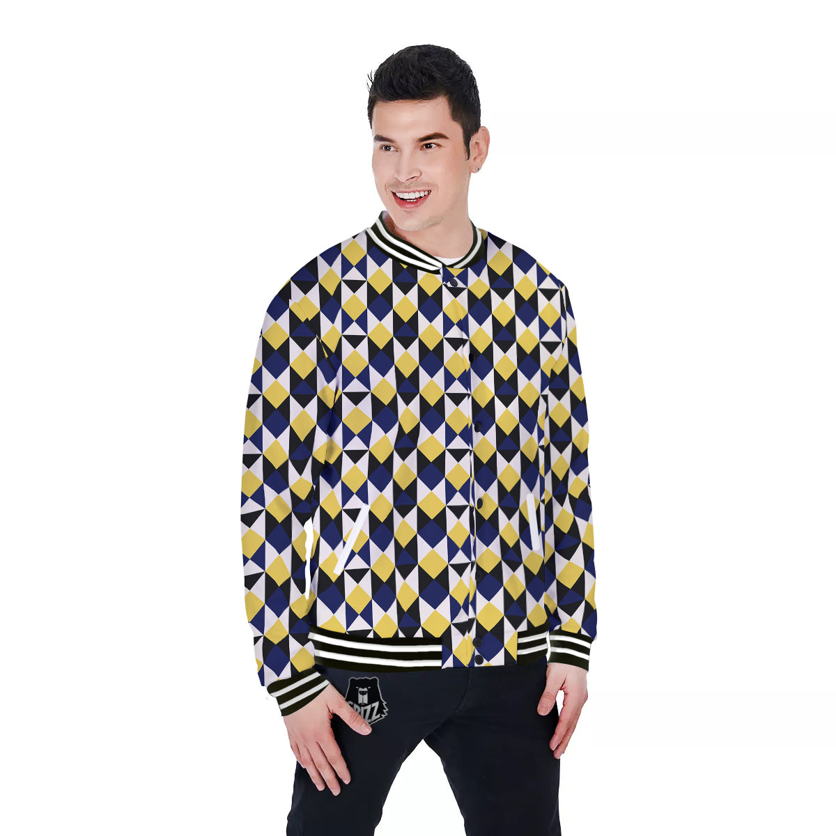 Black Argyle And Blue Yellow Print Pattern Baseball Jacket-grizzshop