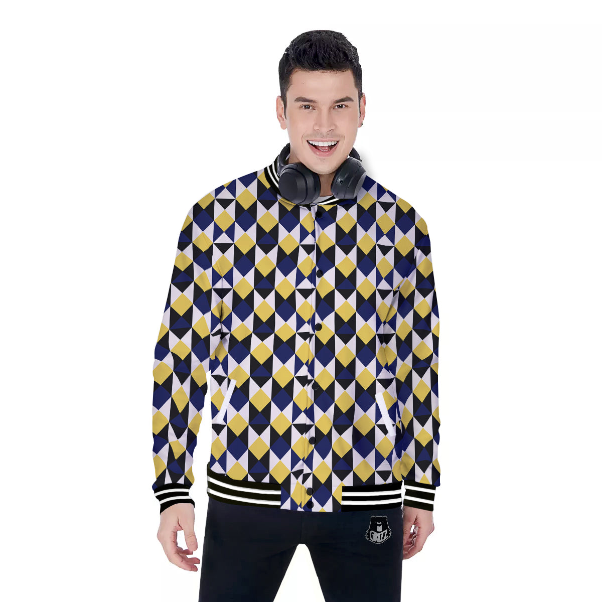 Black Argyle And Blue Yellow Print Pattern Baseball Jacket-grizzshop